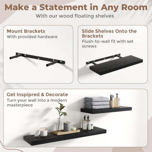 8 Inch Set 3, 8"D Floating Shelves for Wall with Invisible Brackets of Engineered Wood Wall Shelves with Wood Grain