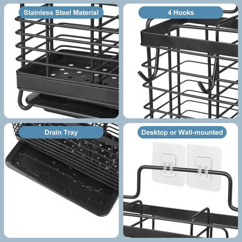 Utensil Holder, 3 Compartments Stainless Steel Utensil Drying Rack, Dish Drainer for Kitchen Counter, Silverware