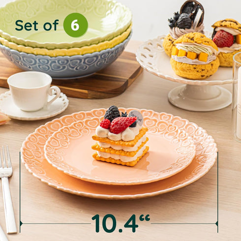 Set 6, 10.5", HOMBENE Heartbeat Dinner Plates of Porcelain Plate, Snack, Ice Cream, Waffles Dinner,Salad Plate