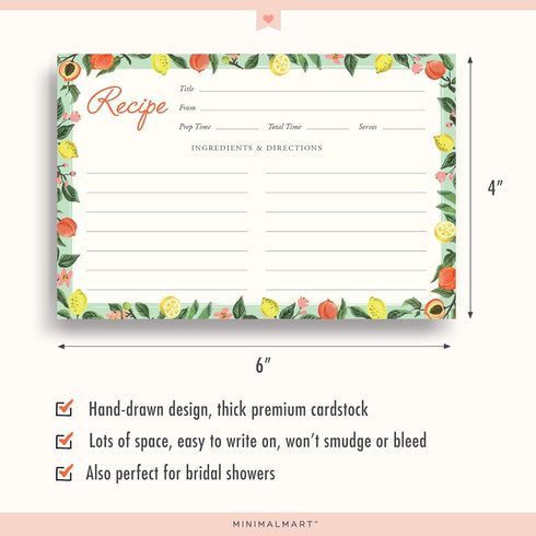 Lemon & Peach Recipe Cards - 4" x 6" Thick Premium Card Stock, Set of 50 for Recipe Box or Binder