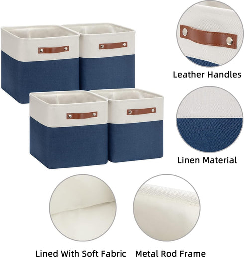 HNZIGE Fabric Cube Storage Bins, Set of 4, Closet Storage Bins for Organizing Home Office (White Blue)
