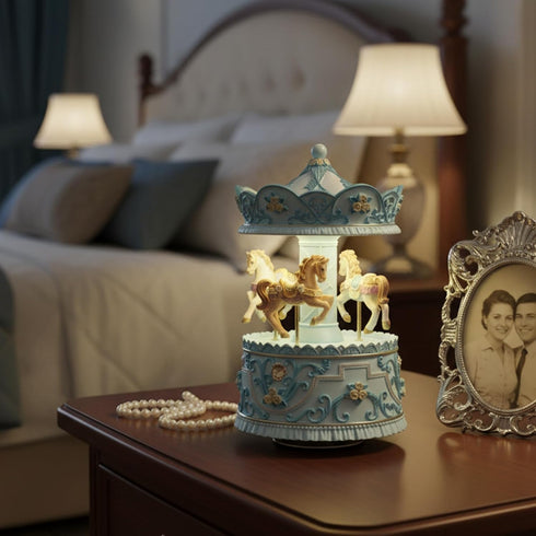 Elegant Blue Carousel Music Box,Handcrafted Rotating Horses & Floral Details Musical Figurine,