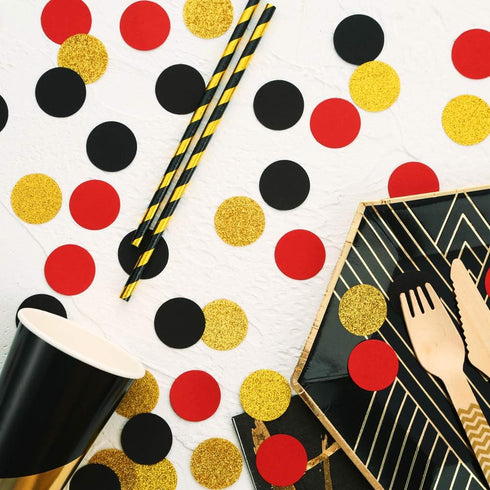 Glitter Confetti Circles Table Decoration, Wedding Party Decoration, 1.2’’ Diameter (Gold Glitter, Black, Red, 300pc)
