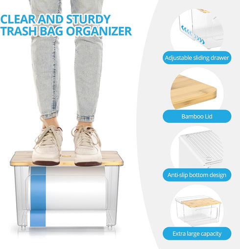 Trash Bag Dispenser Roll Holder - Clear Garbage Bag Holder Dispenser with Bamboo Lid and Sliding Drawer Box, Trash Bag