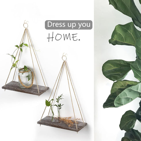 MITIME Hanging Shelves - Set of 2 Indoor Plant Shelf & Wall Hanging, Boho Style Floating Shelves