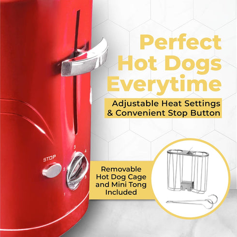 Nostalgia Retro Hot Dog and Bun Toaster with Mini Tongs, 2 Slot Cooker for Chicken, Turkey, Veggie Links, Red