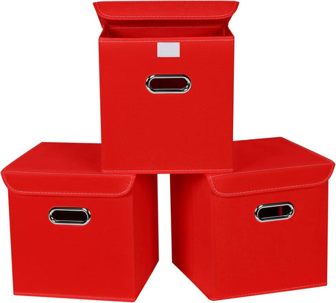 Closet Organizers Fabric Storage Bins with Lids - 3 Pack Collapsible Cube Storage Organizer Basket with Handles (Red)