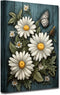 CXHOSTENT Farmhouse Flowers Canvas Wall Art, Daisy Flower Butterfly on Rustic Wood Background Painting