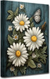 CXHOSTENT Farmhouse Flowers Canvas Wall Art, Daisy Flower Butterfly on Rustic Wood Background Painting