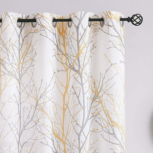 FMFUNCTEX Linen Semi Sheer Curtains - Yellow White 45 Inches Long for Bedroom, Grey Tree Branch Print
