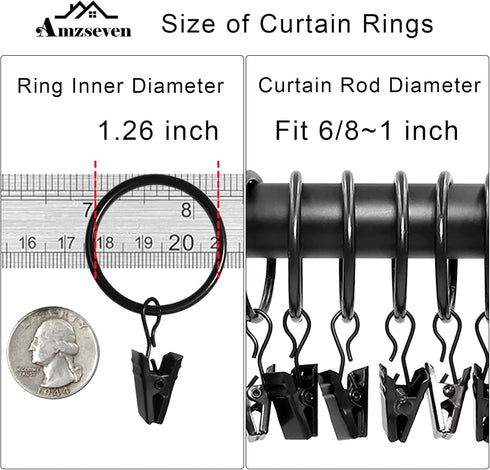 40 Pack Curtain Rings with Clips, Drapery Clips with Rings, Fits up to 1 in Curtain Rod, Black