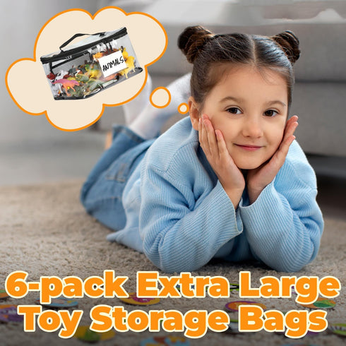 WinzMil 6-Pack Extra Large Toy Storage Bags with Zippers & Labels, Reusable Clear TPU Waterproof Organizer for Kids