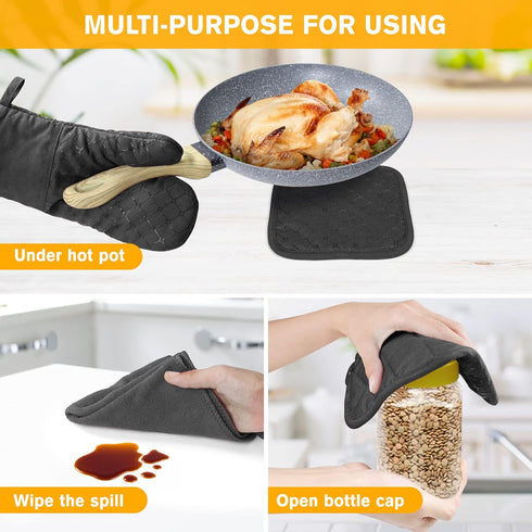 IXO 6Pcs Oven Mitts and Pot Holders, 500? Heat Resistant with Soft Cotton Lining and Non-Slip Silicone Surface
