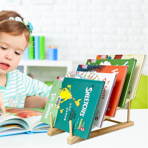 GYSLEOT 5-Tier Book Display Stand Holder, Wooden Book Rack Organizer For Magazines, Tabletop Kids Bookshelf Art Display