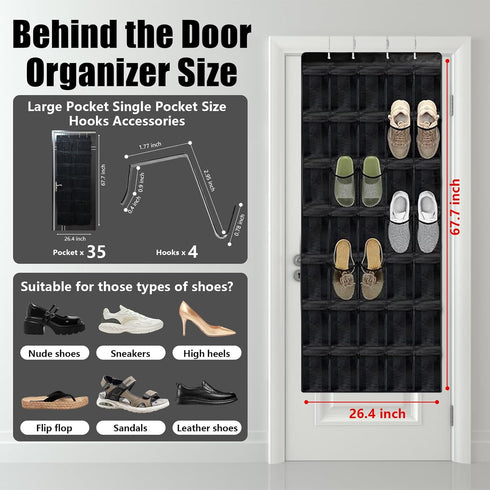 Tiny pets 35 Closet, 67.7in 26.4in Over the Door Shoe Organizer Pockets, Black Folding Hanging Shoe Rack for Door
