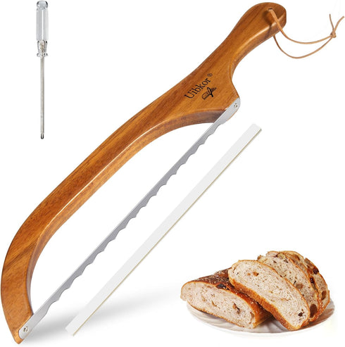 Wooden Bread Bow Knife, 16" Serrated Bagel Knife, Premium Stainless Steel Cutter for Homemade Bread & Bagels