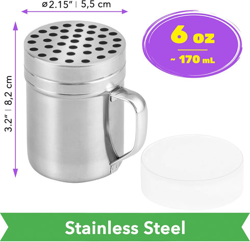 6oz CUSINIUM Metal Parmesan Cheese Shaker with Large Holes - With Handle - Chili Flakes Dispensers - Pizza Shaker |