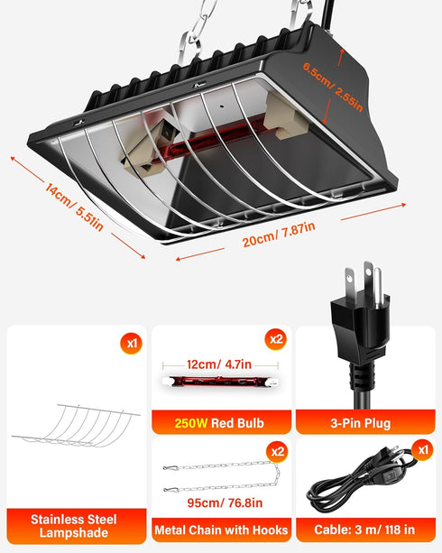 175W 250W 3M Chicken Coop Heater, ZIVASA & Dual-Mode Heat Lamp for Chickens with Cord, Adjustable Hanging Height