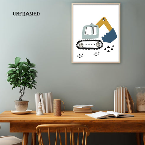 Set 4 8x10 Inches BearCake Construction Decor for Boys Room, Cartoon Excavator Truck Wall Art Poster Prints