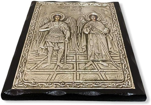 Handmade Greek Christian Orthodox Wood-Metallic Icon of Archangels Michael and Gabriel - 24 X 19cm or 9.4 X 7.5 In