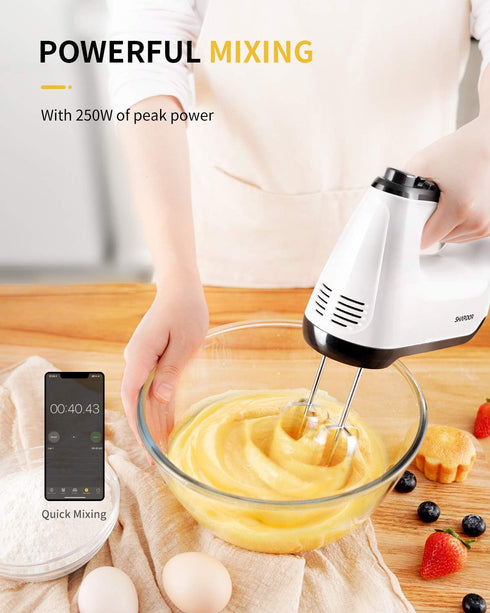 SHARDOR Hand Mixer Electric, 6 Speed & Turbo Handheld Mixer with 5 Stainless Steel Accessories, Snap-On Storage Case
