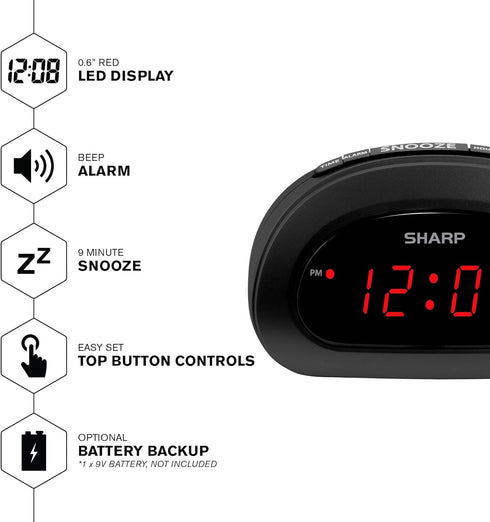 Sharp Small Digital Alarm Clock, Space-Saving Bedside Clock with Large Red LED Display, Battery Backup