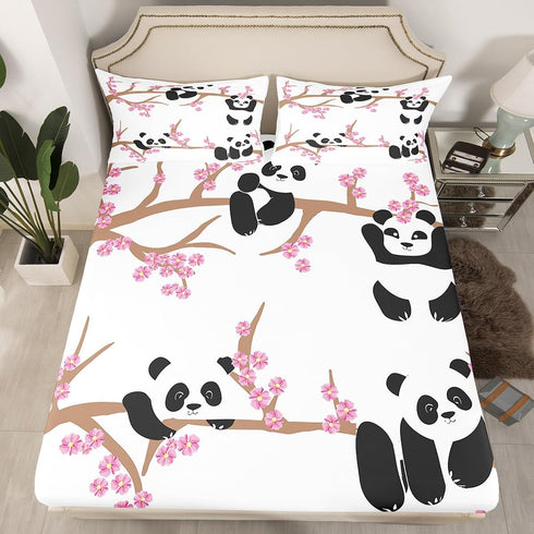 Erosebridal Kids Panda Fitted Sheet Cherry Blossoms Sheet Set Full Size Cute