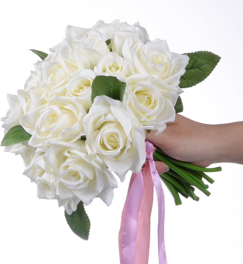 Artificial Flowers Rose Bouquet - 2 Pack Fake Silk Plastic White Roses, 18 Heads for Wedding Decoration