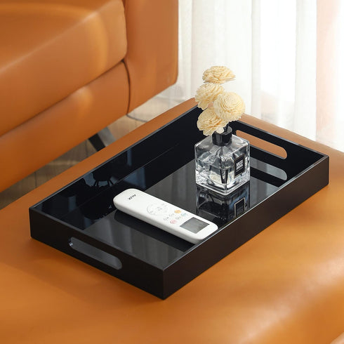 Black Oversize Acrylic Serving Tray with Handles 10x15 Inch - Decorative Trays for Countertop Organizer