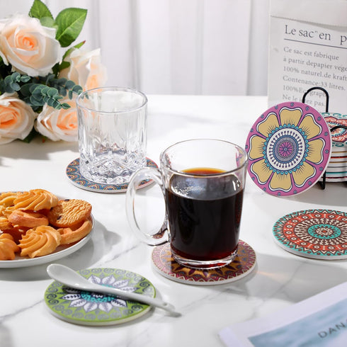 Hushee 12 1 Pcs Ceramic Drink Coasters with Holder Holiday Cup Coasters with Cork Backing for Home Table Protection