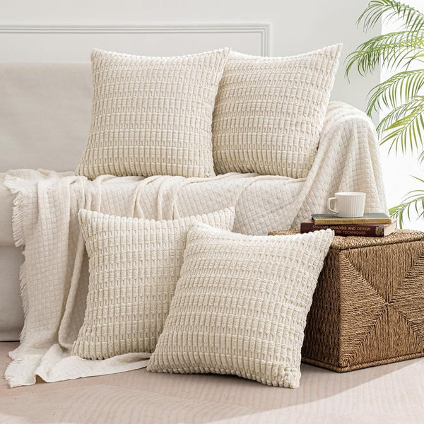 MIULEE Pack of 4 Cream White Corduroy Decorative Throw Pillow Covers, 22x22 Inch Soft Boho Striped Home Decor