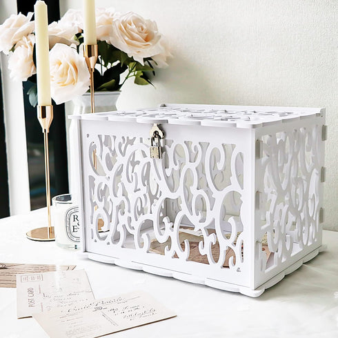 OurWarm PVC Hollow Wedding Envelope Box with Lock and Card Sign, Secure Money Box for Wedding Reception, Birthday, Baby