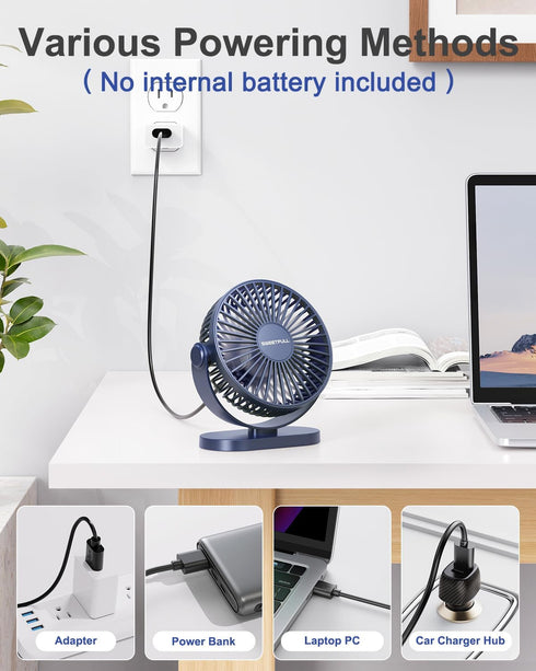 SWEETFULL USB Desk Fan, Small Quiet 3 Speeds Mini Portable Fan, 5 Inch 360° Rotation for Office Desktop (Blue)
