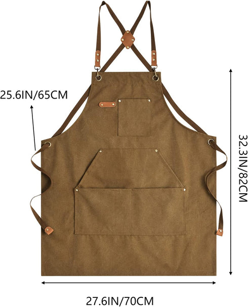 Canvas Aprons for Men, Heavy Duty Chef Work Apron with Large Pockets - 16oz Cross Back, BBQ, Cooking