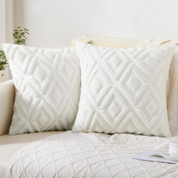 Set of 2 Soft Faux Fur Throw Pillow Covers 18x18 - Cream White Plush Short Wool Velvet Decorative Couch Covers