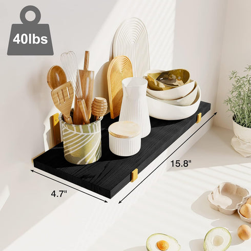 Set 5, 4.7 Inches, Fixwal Floating Black Gold Shelves of Width Rustic Wood Wall Storage Shelves for Bedroom, Living