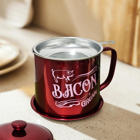 QMET 1.3L Bacon,46oz Bacon Grease Saver Container with Fine Mesh Strainer,Stainless Steel Oil Keeper Can for Large