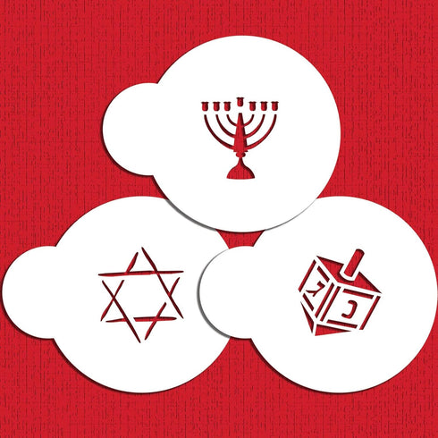 Designer Stencils Jewish Symbols Cookie and Cupcake Stencils, Small, Dreidel, Star of David, Menorah, Beige