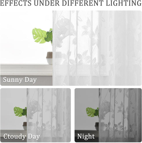 DWCN 2 Pack White Floral Lace Valances for Kitchen, Rod Pocket Half Window Sheer Curtains, 42 x 18 inch
