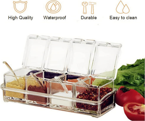 KNC Transparent Spice Rack, 4 Piece Acrylic Storage Container Jars with Cover and Spoon, Kitchen Organizer