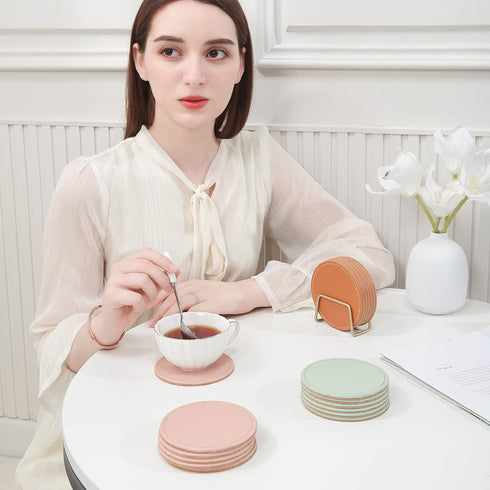 Set 6, Set CASEGRACE Drink Coasters with Metal Holder Stand of PU Leather Absorbent Coasters with Cork Base Table