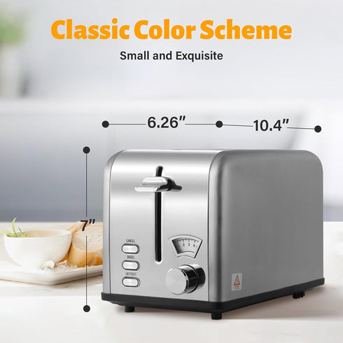 HealSmart 2 Slice Stainless Steel Toaster, Extra Wide Slot, Removable Crumb Tray, Retro Compact Oven, Silver