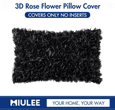 MIULEE 3D Decorative Romantic Valentines Chiffon Rose Flower Throw Pillow Cover, 12x20 Inch Black