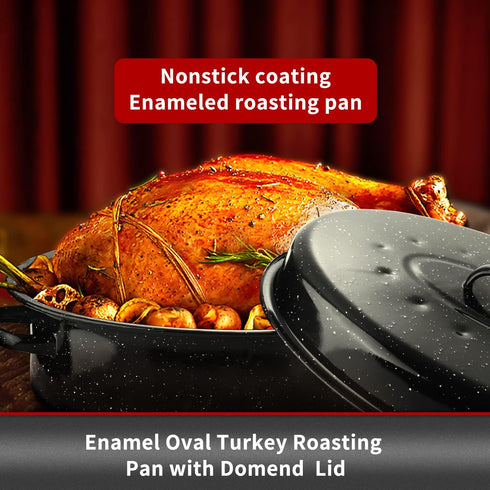JY COOKMENT 18” Granite Roaster Pan with Domed Lid, Oval Turkey Roaster Pot for Turkey, Chicken, Lamb, Dishwasher Safe