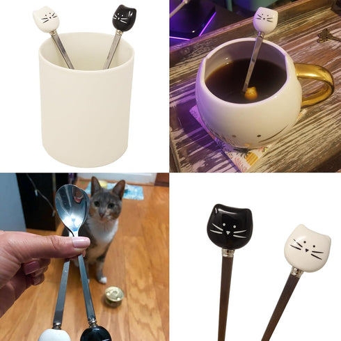Honbay 2PCS Cute Cat Spoon - Stainless Steel Tea Spoon for Cat Mug, Black and White