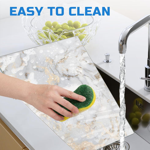Tempered Glass Cutting Board with White Gold Marble for Kitchen, 16"x 12" Glass Chopping Board, Dishwasher Safe