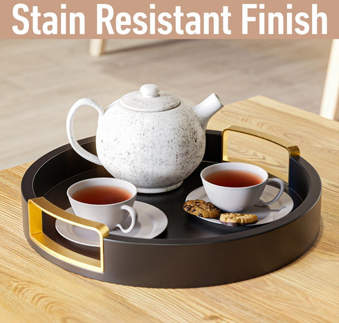 12 Inch Round Decorative Tray - Round Black Tray with Gold Metal Handles - Stain Resistant Serving Trays for Decor