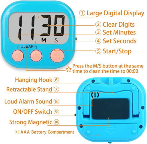 2 Pack Kitchen Timers, Loud Ring Digital Timers for Cooking, Magnetic Blue