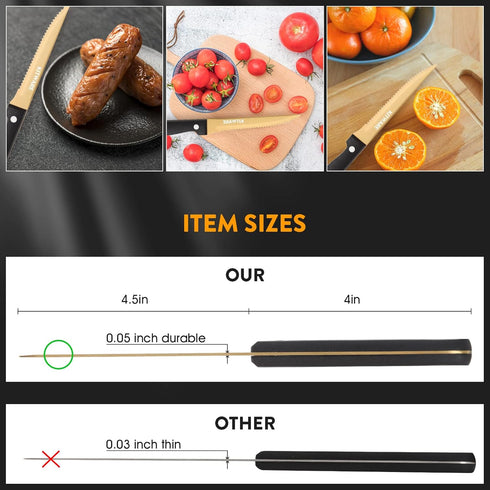 KITWARE Gold Steak Knives Set of 6 pcs, 4.5 inch Stainless Steel Serrated Edge Metal Knife Sets with Gift Box for