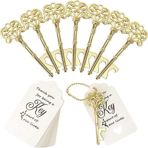 WODEGIFT 20 PCS Vintage Skeleton Key Bottle Openers - Wedding Favors with Tag Cards and Key Chains (Gold)
